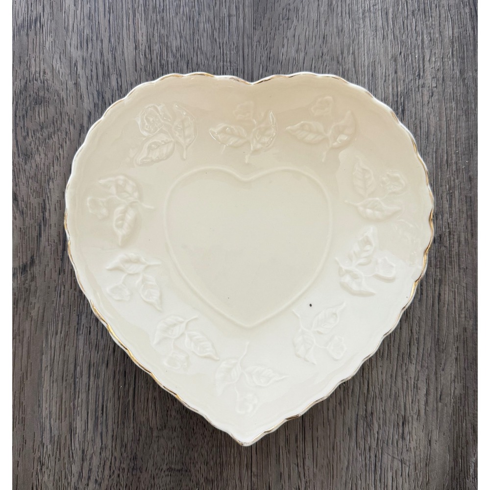 Cream Heart-Shaped Trinket Dish Embossed Roses Gold Trim Romantic Cottage Decor - Picture 4 of 10